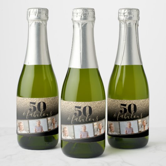 50- & Fabulous Black & Gold Faux-foto-mini Sparkling Wijnetiket (Flessen)