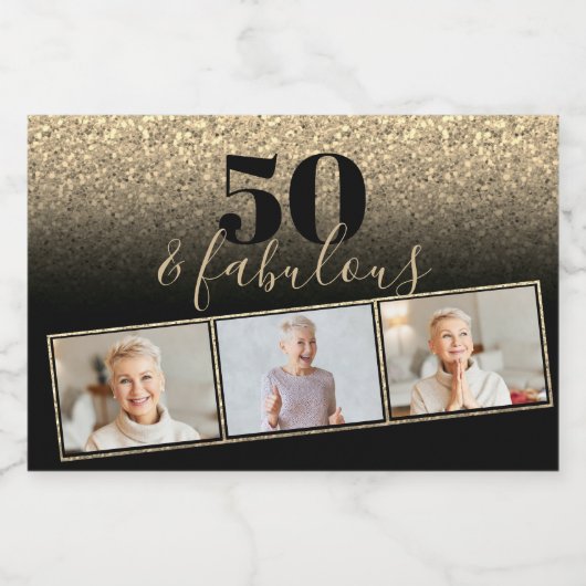 50- & Fabulous Black & Gold Faux-foto-mini Sparkling Wijnetiket (Enkel label)