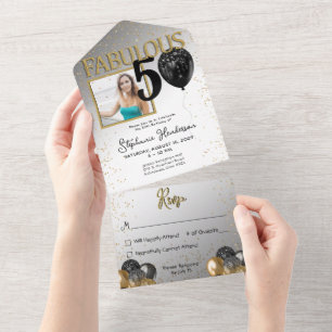 50 & Fabulous Black Gold Glam All in One Invite Uitnodiging