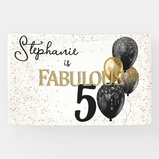 50 & Fabulous Black Gold Glam Verjaardag Spandoek (Horizontaal)