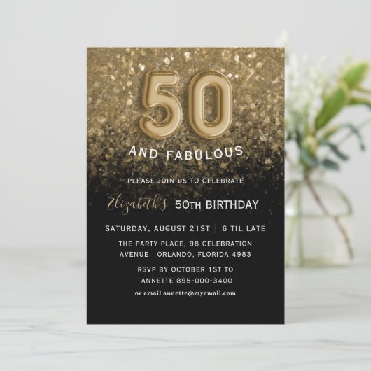 50 & Fabulous Black & Gold Glitter Verjaardag Kaart (Staand voorkant)