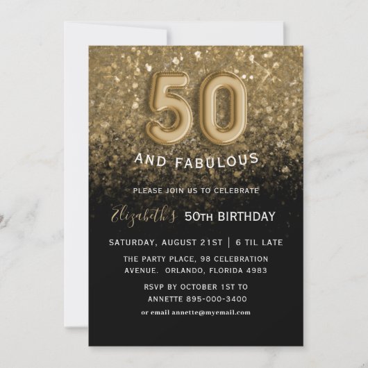 50 & Fabulous Black & Gold Glitter Verjaardag Kaart (Voorkant)