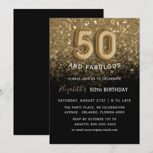 50 & Fabulous Black & Gold Glitter Verjaardag Kaart (Voorkant / Achterkant)