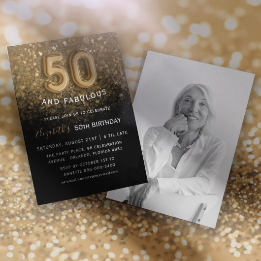 50 & Fabulous Black & Gold Glitter Verjaardag Kaart