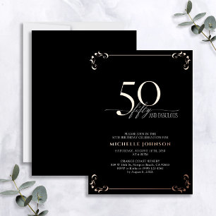 50 & Fabulous Black Roos Gold Calligraphy Birthday Folie Uitnodiging