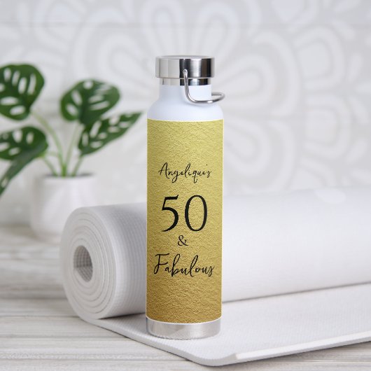 50 & Fabulous Black Script Faux Gold Foil textuur Waterfles (Yoga)