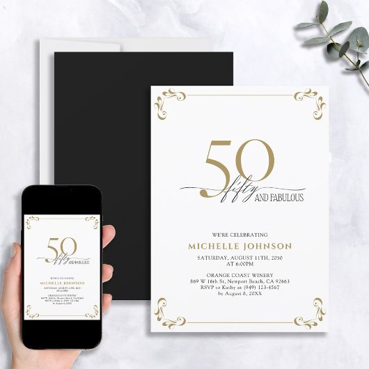 50 & Fabulous Black White en Gold Birthday Kaart