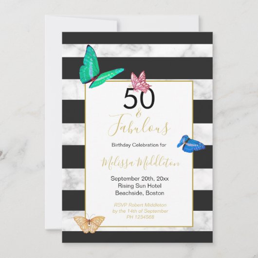 50 Fabulous Black White Stripe Marble Butterfly Kaart (Voorkant)