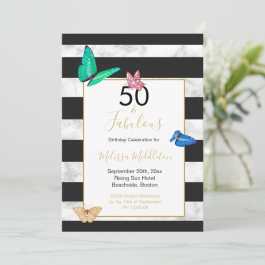 50 Fabulous Black White Stripe Marble Butterfly Kaart (Staand voorkant)