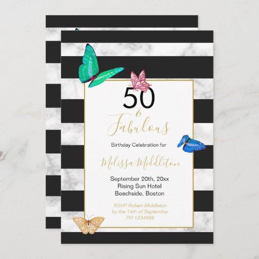 50 Fabulous Black White Stripe Marble Butterfly Kaart (Voorkant / Achterkant)