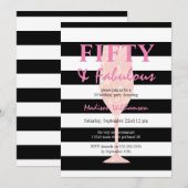 50 & Fabulous Black White Stripe Pink Champagne Kaart (Voorkant / Achterkant)