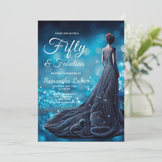 50 Fabulous Blue Silver Glitter Dress Birthday Kaart (Staand voorkant)