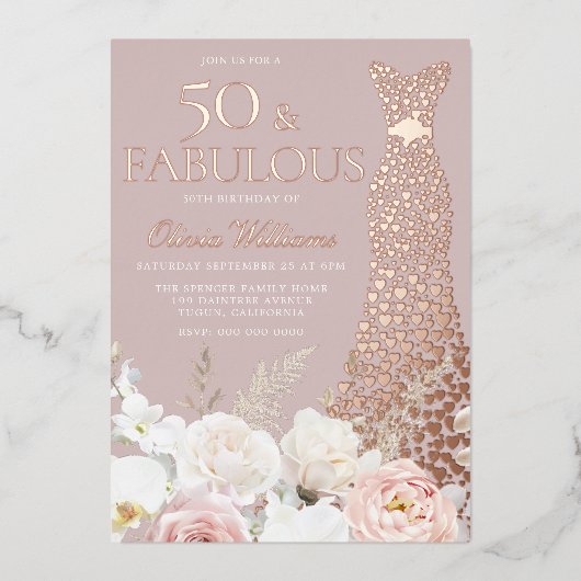 50 & Fabulous Blush Floral 50e Verjaardag Roos Gou Folie Uitnodiging (Voorkant)