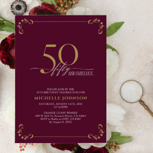 50 & Fabulous Burgundy White en Gold Birthday Kaart