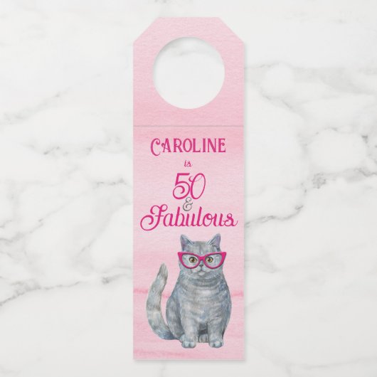 50 & Fabulous Cat, Roze en Grijs, 50e verjaardag Flessenhanger (Voorkant)
