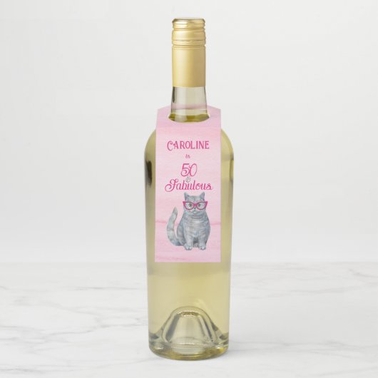 50 & Fabulous Cat, Roze en Grijs, 50e verjaardag Flessenhanger (Op fles)
