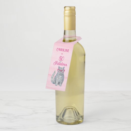 50 & Fabulous Cat, Roze en Grijs, 50e verjaardag Flessenhanger (Schuin)