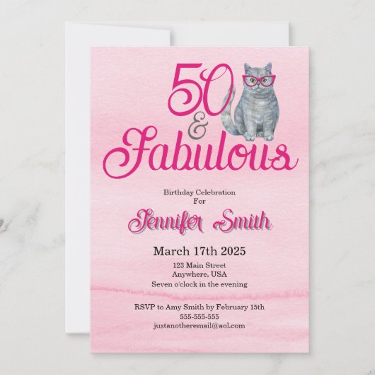 50 & Fabulous Cat, Roze en Grijs, 50e verjaardag Kaart (Voorkant)