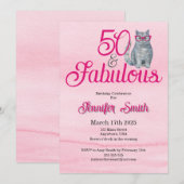 50 & Fabulous Cat, Roze en Grijs, 50e verjaardag Kaart (Voorkant / Achterkant)