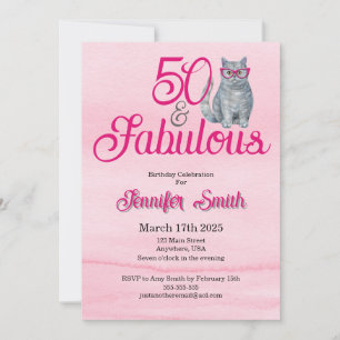 50 & Fabulous Cat, Roze en Grijs, 50e verjaardag Kaart