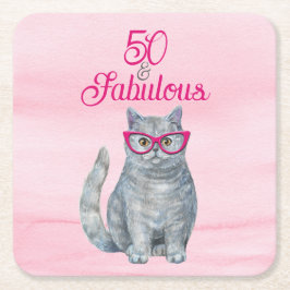 50 & Fabulous Cat, Roze en Grijs, 50e verjaardag Kartonnen Onderzetters