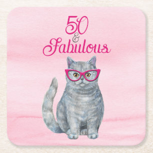 50 & Fabulous Cat, Roze en Grijs, 50e verjaardag Kartonnen Onderzetters