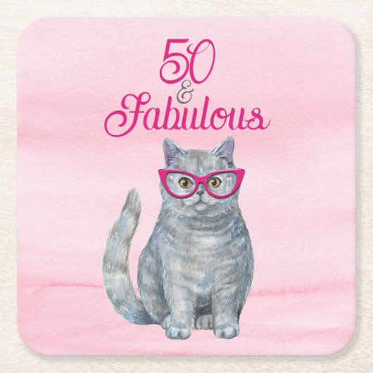 50 & Fabulous Cat, Roze en Grijs, 50e verjaardag Kartonnen Onderzetters (Voorkant)