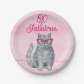 50 & Fabulous Cat, Roze en Grijs, 50e verjaardag Papieren Bordje (Voorkant)