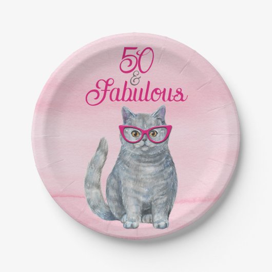 50 & Fabulous Cat, Roze en Grijs, 50e verjaardag Papieren Bordje (Voorkant)