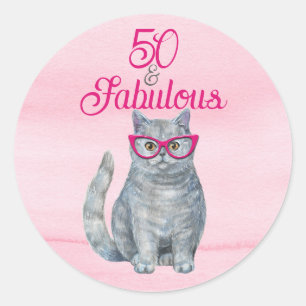 50 & Fabulous Cat, Roze en Grijs, 50e verjaardag Ronde Sticker
