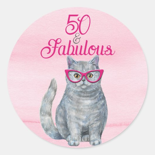 50 & Fabulous Cat, Roze en Grijs, 50e verjaardag Ronde Sticker (Voorkant)