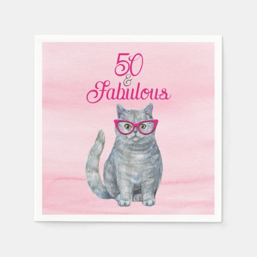 50 & Fabulous Cat, Roze en Grijs, 50e verjaardag Servet (Voorkant)