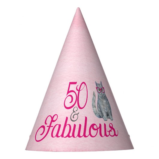 50 & Fabulous Cat, Roze en Grijs, 50e verjaardag W Feesthoedjes (Voorkant)