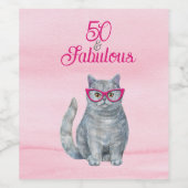 50 & Fabulous Cat, Roze en Grijs, 50e verjaardag Wijn Etiket (Enkel label)