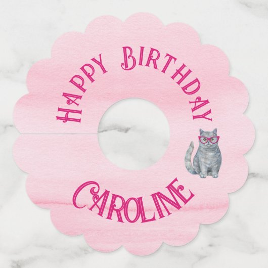 50 & Fabulous Cat, Roze en Grijs, 50e verjaardag Wijnglaslabel (Voorkant)