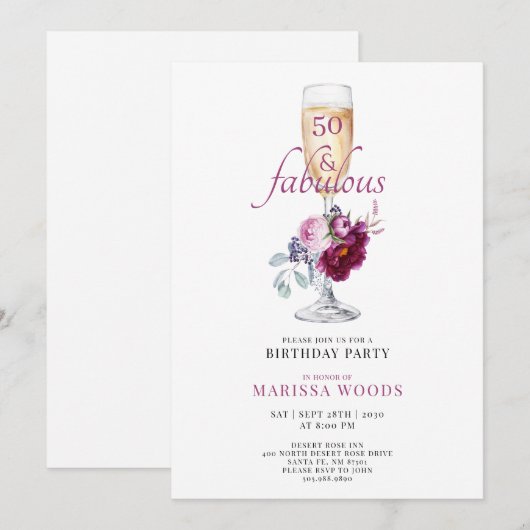 50 Fabulous Champagne Floral Birthday Invitation Kaart (Voorkant / Achterkant)