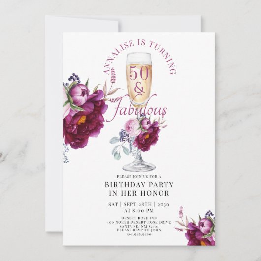 50 Fabulous Champagne Floral Birthday Invitation Kaart (Voorkant)