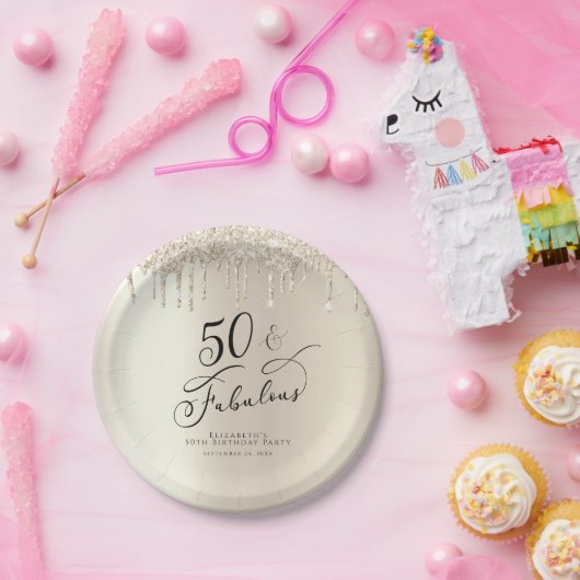 50 Fabulous Champagne Gold Glitter, persoonlijk Papieren Bordje (Feest)