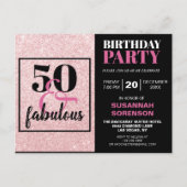 50 & Fabulous Chic PInk Glitter Birthday Party Briefkaart (Voorkant)