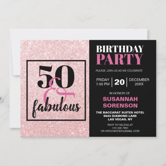 50 & Fabulous Chic Pink Glitter Birthday Party Kaart (Voorkant)