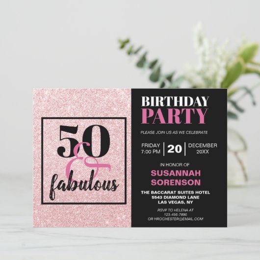 50 & Fabulous Chic Pink Glitter Birthday Party Kaart (Staand voorkant)