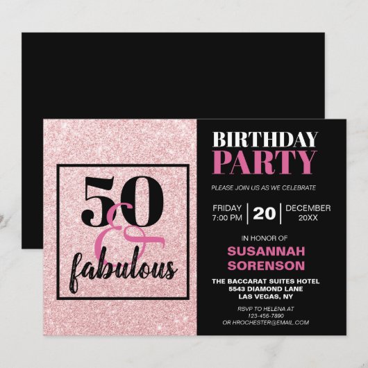 50 & Fabulous Chic Pink Glitter Birthday Party Kaart (Voorkant / Achterkant)