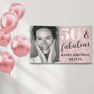 50 & Fabulous Chique Roze Glitter & Foto Verjaarda Spandoek