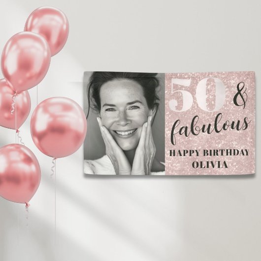 50 & Fabulous Chique Roze Glitter & Foto Verjaarda Spandoek