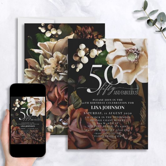50 & Fabulous Dark Moody Neutral Magnolia Floral Kaart