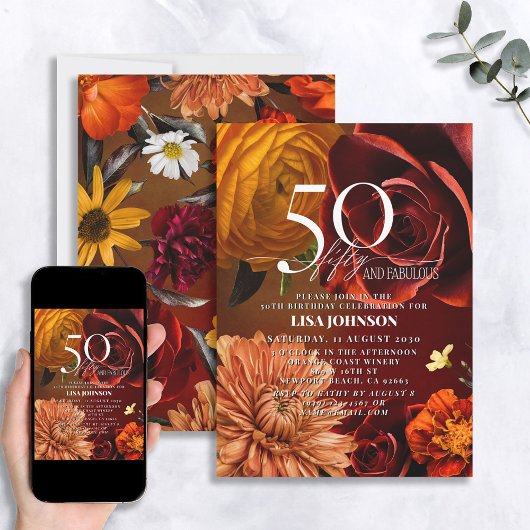 50 & Fabulous Donker Moody Sunset Kleuren Bloemen Kaart