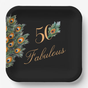 50 & Fabulous Elegant Peacock Feathers Birthday Papieren Bordje