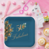 50 & Fabulous Elegant Peacock Feathers Birthday Papieren Bordje (Feest)