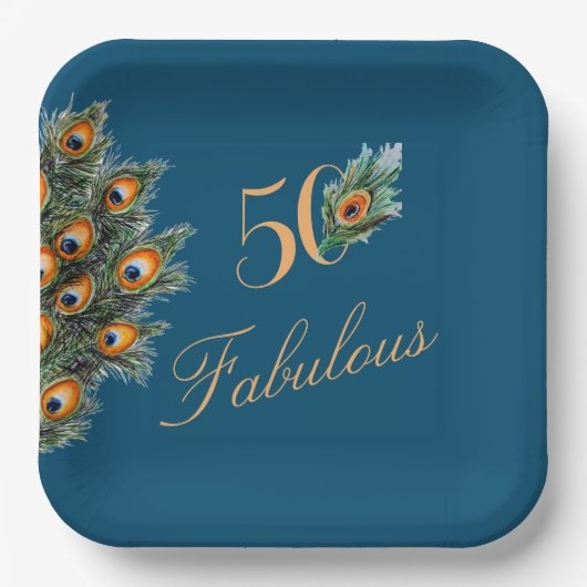 50 & Fabulous Elegant Peacock Feathers Birthday Papieren Bordje (Voorkant)