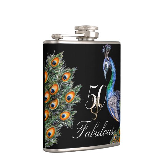 50 & Fabulous Elegant Waterverf Peacock Birthday Heupfles (Rechts)